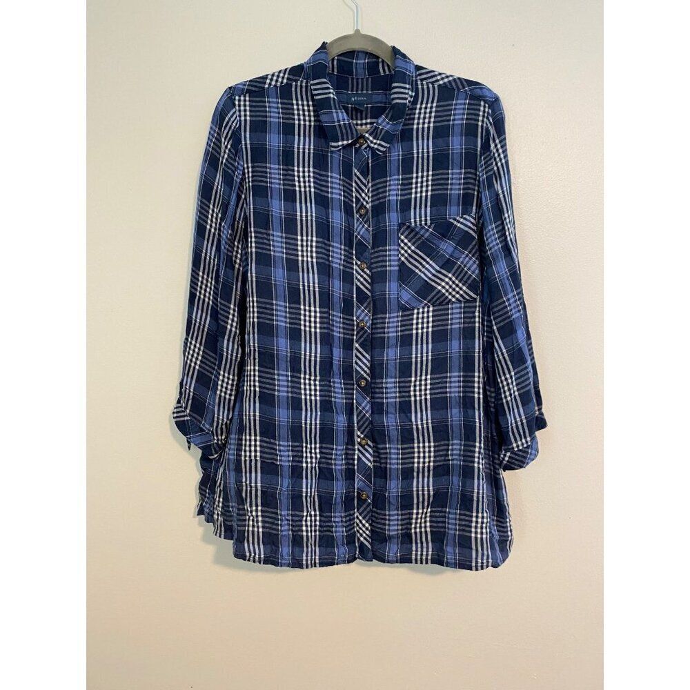 J.Jill Denim Blue Plaid Button-Up Shirt XL 3/4 Sleeve Tie Detail 100% Viscose